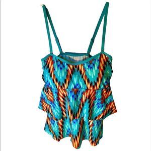 Venus Tankini Swim Top Stretch Ruffle Tiered Aztec Orange Teal Green Women Sz 6.